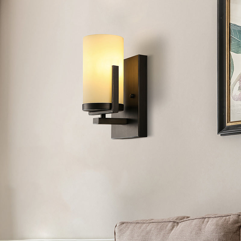 Vivolux | Opal Glas Zwarte Wandlamp Cilinder 1-Licht Moderne Wandmontage Verlichtingsarmatuur met Vierkante Achterplaat voor Voordeur
