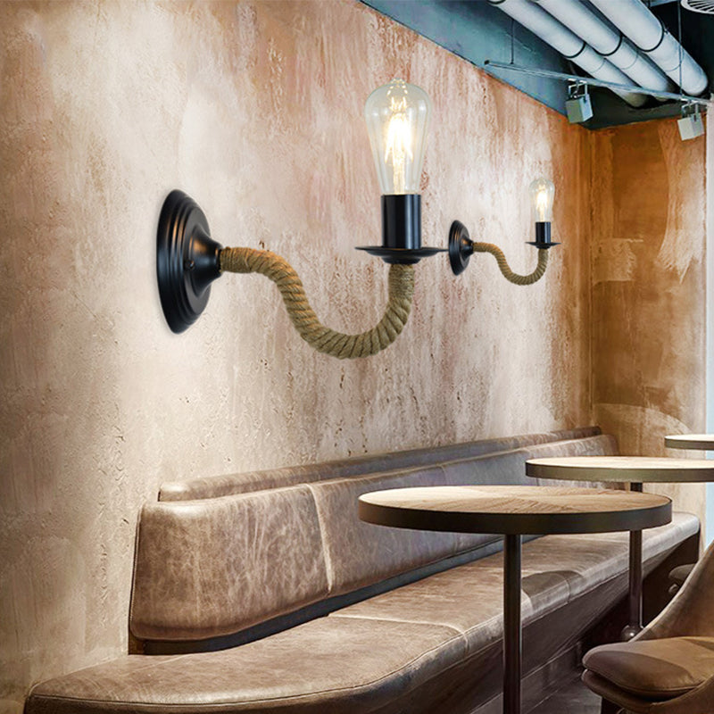 Vivolux | Traditionele Eenvoudige Peertje Wandlamp 1-Licht Metaal Muurlamp met Touw Gewikkelde Arm in Zwart