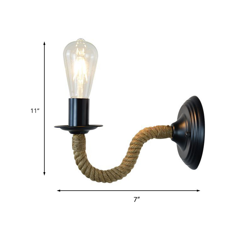 Vivolux | Traditionele Eenvoudige Peertje Wandlamp 1-Licht Metaal Muurlamp met Touw Gewikkelde Arm in Zwart