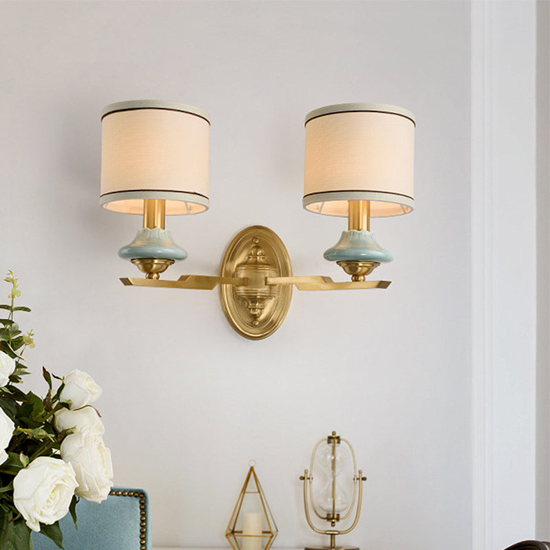 Vivolux | Retro cilindrische wandlamp 1/2-licht stoffen wandlamp met porseleinen kap in goud voor porch