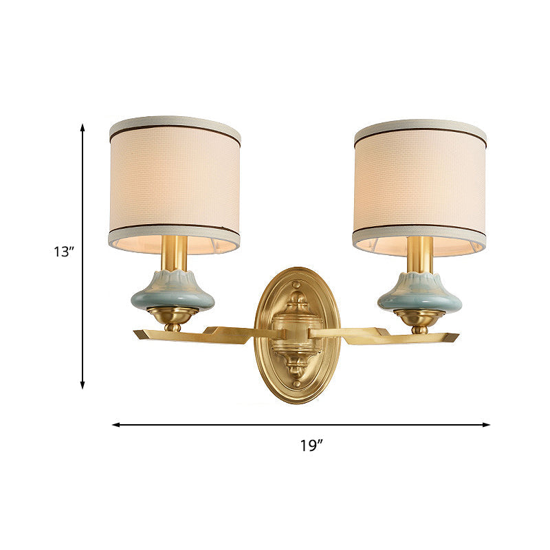Vivolux | Retro cilindrische wandlamp 1/2-licht stoffen wandlamp met porseleinen kap in goud voor porch