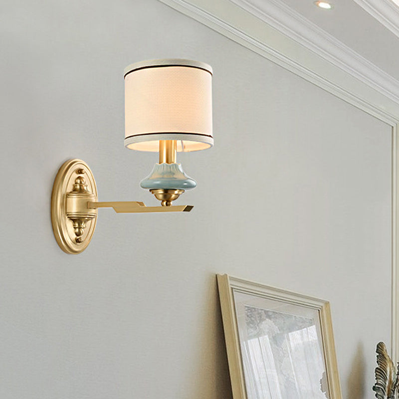 Vivolux | Retro cilindrische wandlamp 1/2-licht stoffen wandlamp met porseleinen kap in goud voor porch