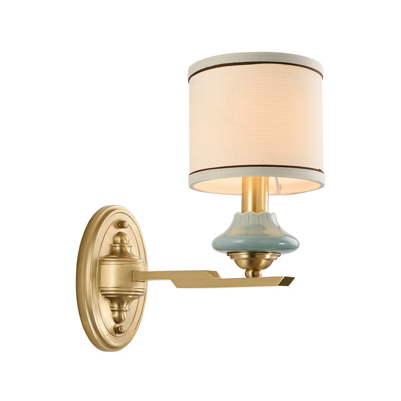 Vivolux | Retro cilindrische wandlamp 1/2-licht stoffen wandlamp met porseleinen kap in goud voor porch
