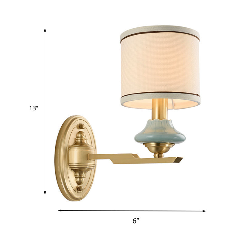 Vivolux | Retro cilindrische wandlamp 1/2-licht stoffen wandlamp met porseleinen kap in goud voor porch