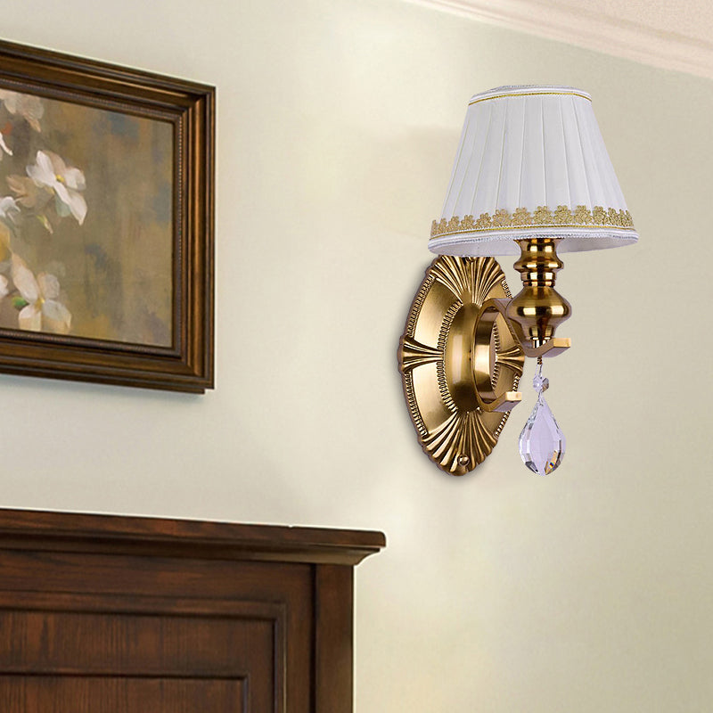 Vivolux | Stof Gouden Wandlamp Verzamelde Empire Lampenkap 1/2-Licht Vintage Wandmontage Verlichtingsarmatuur met Duidelijke Kristallen Druppel