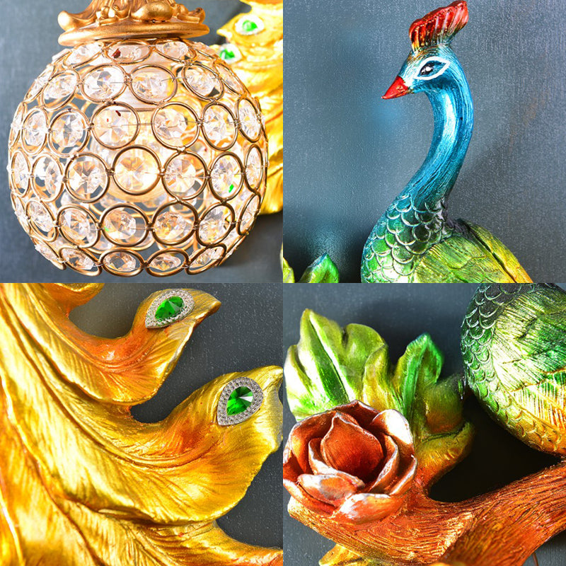 Vivolux | Pauw Slaapkamer Wandlamp Fixture Land Hars 1 Licht Groen/Goud Wandlamp met Orb Kristallen Schaduw, Links/Rechts