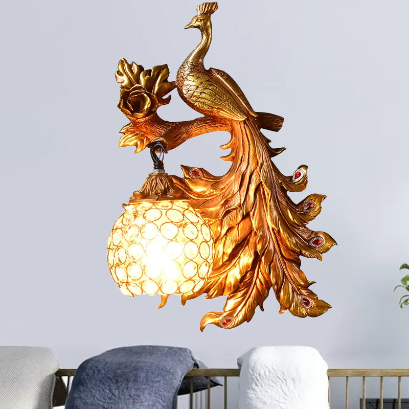 Vivolux | Pauw Slaapkamer Wandlamp Fixture Land Hars 1 Licht Groen/Goud Wandlamp met Orb Kristallen Schaduw, Links/Rechts