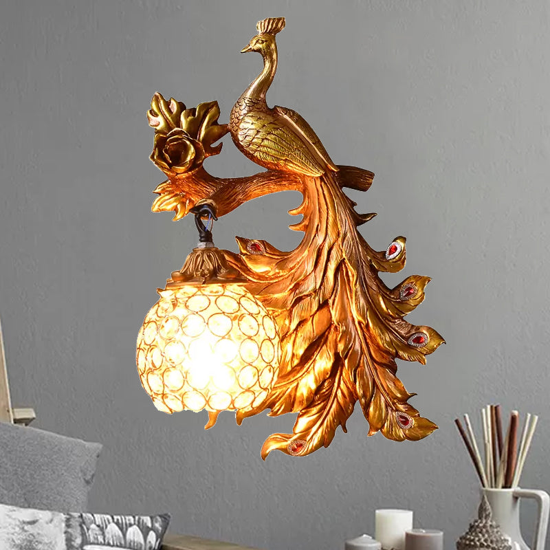 Vivolux | Pauw Slaapkamer Wandlamp Fixture Land Hars 1 Licht Groen/Goud Wandlamp met Orb Kristallen Schaduw, Links/Rechts