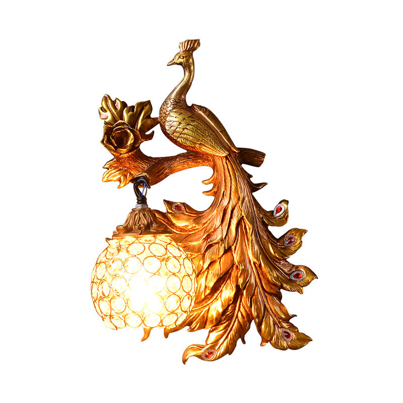 Vivolux | Pauw Slaapkamer Wandlamp Fixture Land Hars 1 Licht Groen/Goud Wandlamp met Orb Kristallen Schaduw, Links/Rechts