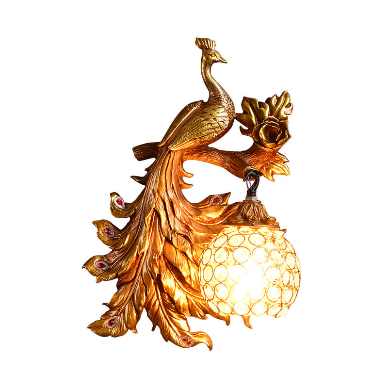 Vivolux | Pauw Slaapkamer Wandlamp Fixture Land Hars 1 Licht Groen/Goud Wandlamp met Orb Kristallen Schaduw, Links/Rechts