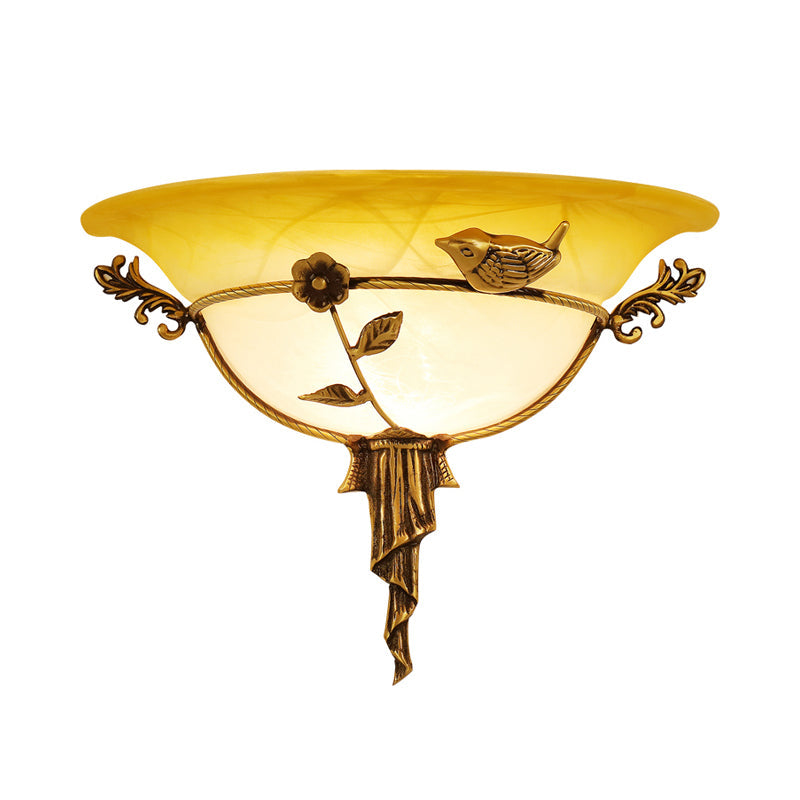 Vivolux | 1 Glühbirne Breite Flare Wandlampe Tradition Weiß/Gelbes Glas Wandleuchte mit Blumen-Deko nach Links/Rechts