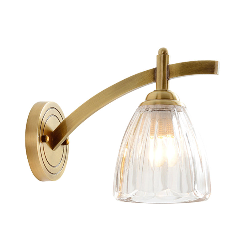 Vivolux | 1 Glühbirne Kegel Wandleuchte Traditionelles Metall Wandbeleuchtung Fixture in Gold mit geripptem Glasschirm für Nachttisch