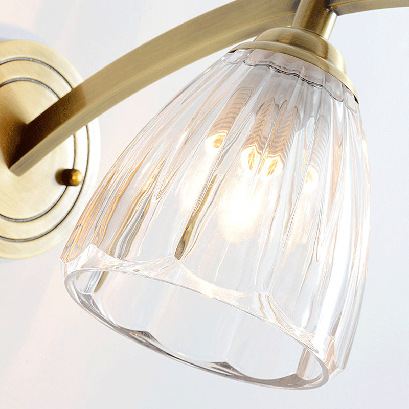 Vivolux | 1 Glühbirne Kegel Wandleuchte Traditionelles Metall Wandbeleuchtung Fixture in Gold mit geripptem Glasschirm für Nachttisch