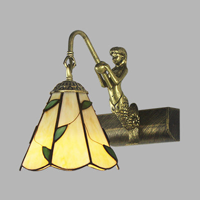 Vivolux | 1 Kopf Badezimmer Wandlicht Leuchte Tiffany Antike Messing Sconces Licht mit Kegel Weiß/Grün Glas Schirm
