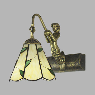 Vivolux | 1 Kopf Badezimmer Wandlicht Leuchte Tiffany Antike Messing Sconces Licht mit Kegel Weiß/Grün Glas Schirm