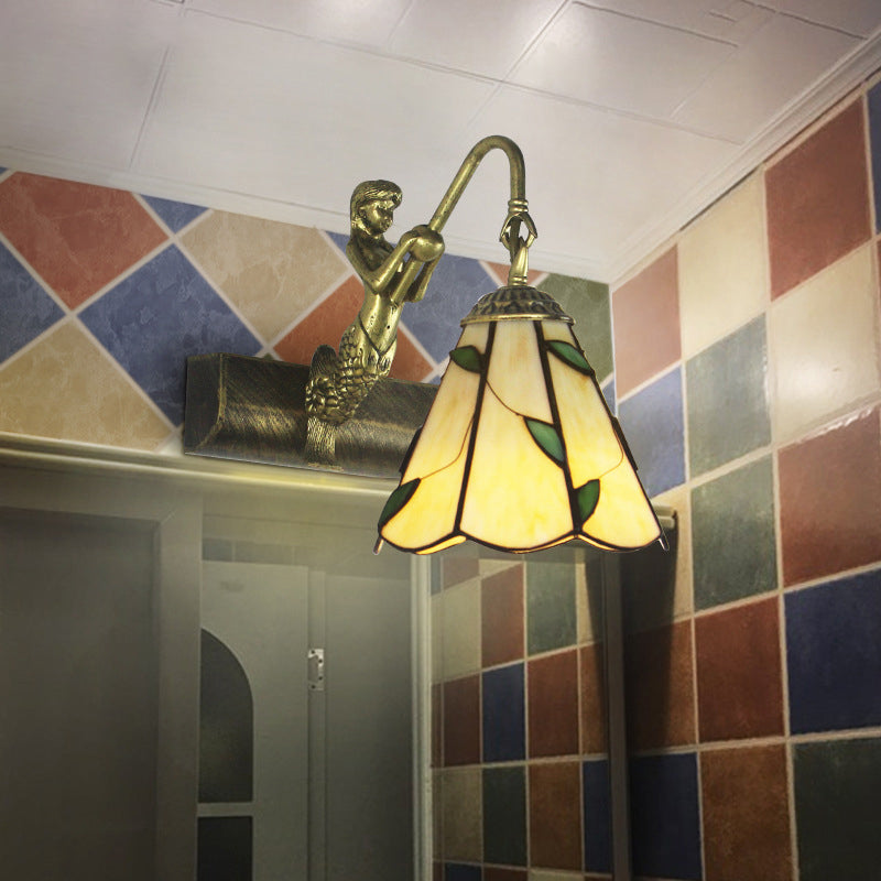 Vivolux | 1 Kopf Badezimmer Wandlicht Leuchte Tiffany Antike Messing Sconces Licht mit Kegel Weiß/Grün Glas Schirm