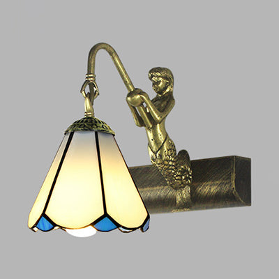 Vivolux | 1 Kopf Badezimmer Wandlicht Leuchte Tiffany Antike Messing Sconces Licht mit Kegel Weiß/Grün Glas Schirm