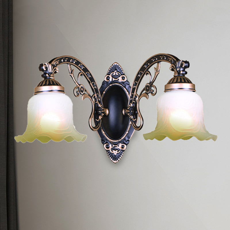 Vivolux | Schwarz/Weiß scalloped Wandleuchte Retro frosted Glas Schirm 1/2-Licht Esszimmer Wandlampe mit gebogenem Arm