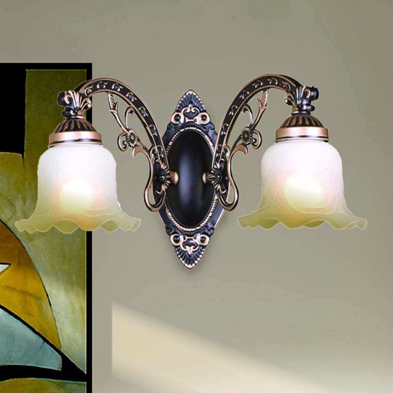 Vivolux | Schwarz/Weiß scalloped Wandleuchte Retro frosted Glas Schirm 1/2-Licht Esszimmer Wandlampe mit gebogenem Arm