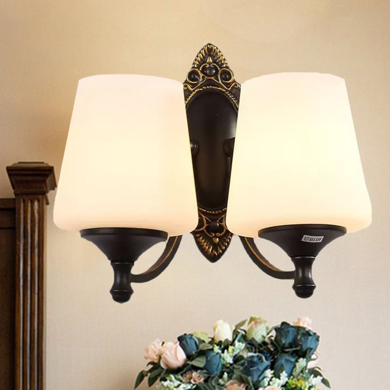 Vivolux | Retro Conical Wandleuchte 1/2-Licht Weißes Glas Wandmontierte Leuchte mit Metallgebogenem Arm in Schwarz