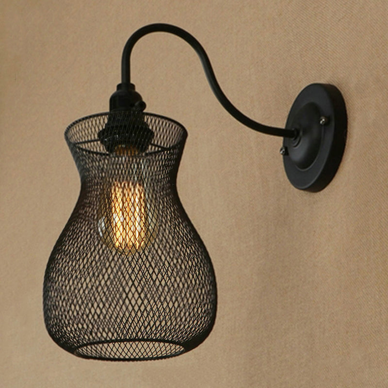 Vivolux | 1 Glühbirnen Vase Form Wand Sconce mit Mesh-Schirm Industriestil Schwarz Metall Wandleuchte für Flur