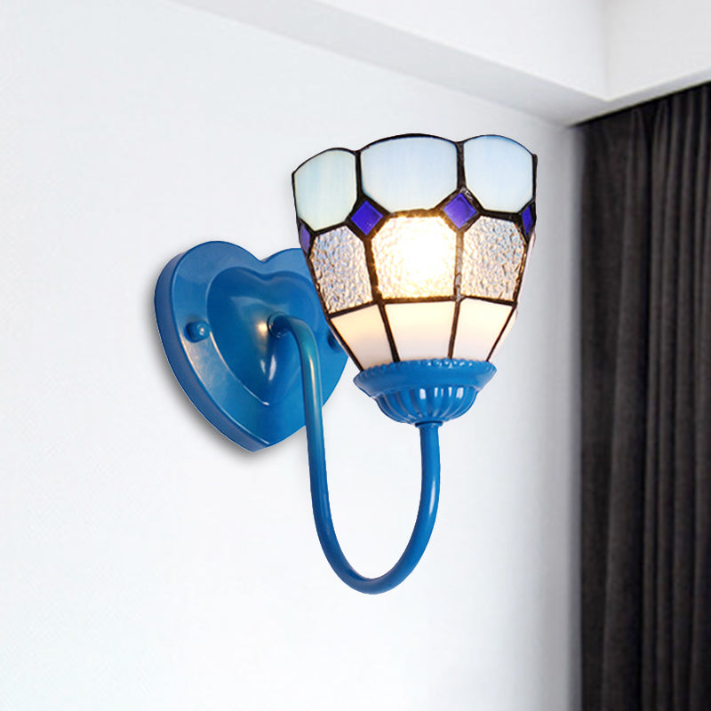 Vivolux | 1 Kopf Badezimmer Wandleuchte Tiffany Blau/Weiß/Antik Messing Wandmontierte Leuchte mit Kuppel-Dimple-Glas-Schirm