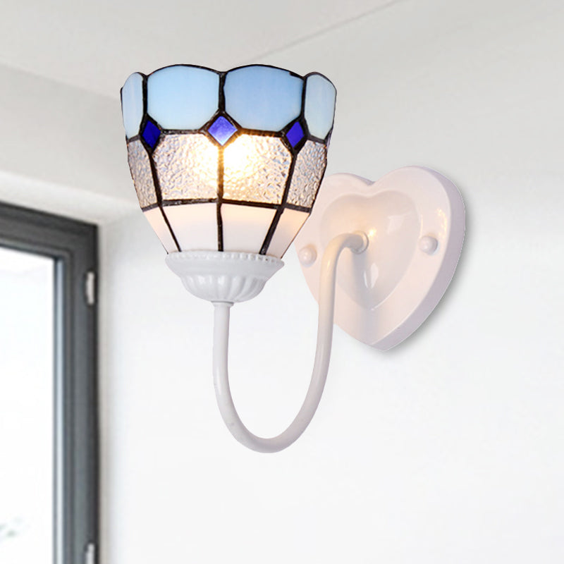 Vivolux | 1 Kopf Badezimmer Wandleuchte Tiffany Blau/Weiß/Antik Messing Wandmontierte Leuchte mit Kuppel-Dimple-Glas-Schirm
