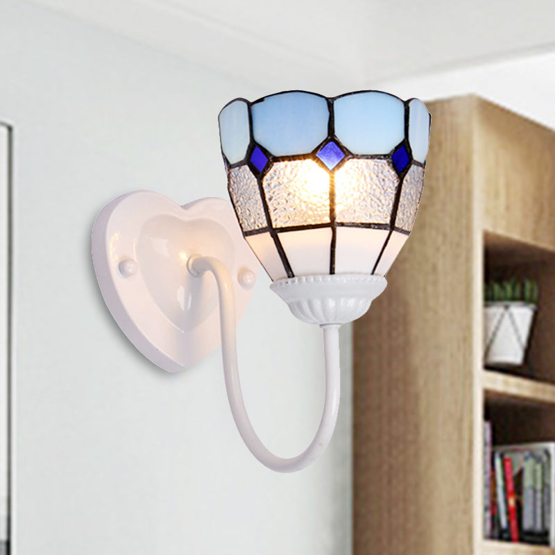 Vivolux | 1 Kopf Badezimmer Wandleuchte Tiffany Blau/Weiß/Antik Messing Wandmontierte Leuchte mit Kuppel-Dimple-Glas-Schirm