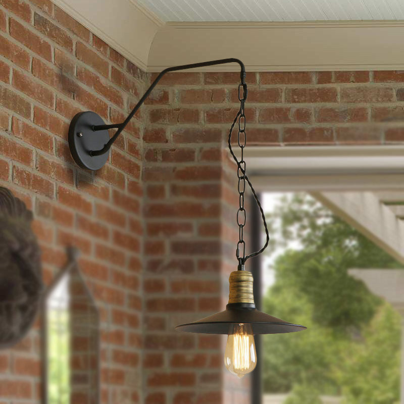 Vivolux | 1 Glühbirne Wand hängen Licht mit flachem Schirm und Kette Metall Vintage Stil Wohnzimmer Wandleuchte Beleuchtung in Schwarz, 7"/10" B