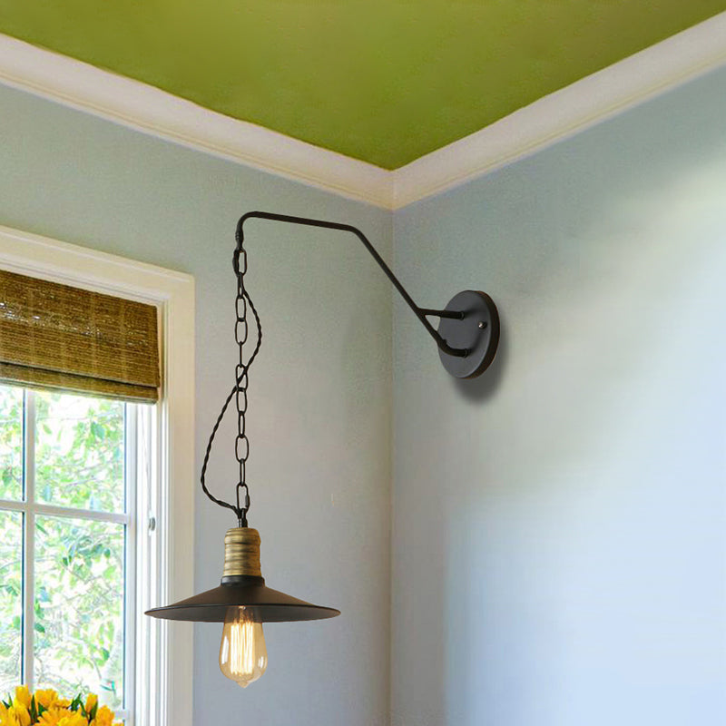 Vivolux | 1 Glühbirne Wand hängen Licht mit flachem Schirm und Kette Metall Vintage Stil Wohnzimmer Wandleuchte Beleuchtung in Schwarz, 7"/10" B