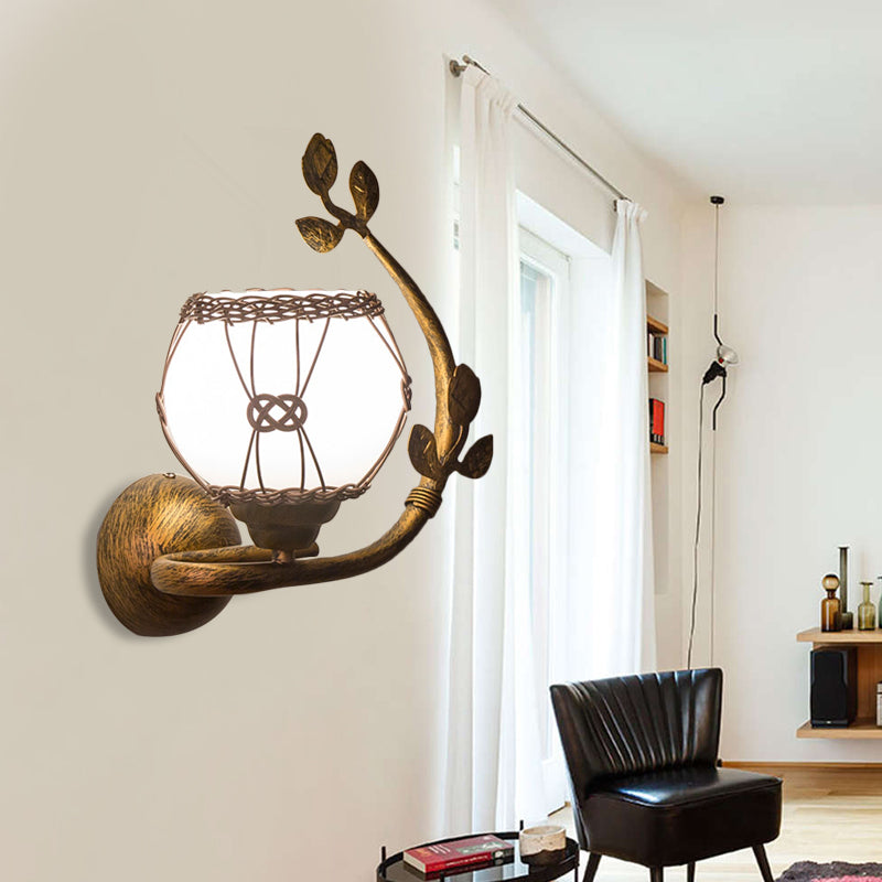 Vivolux | Opal Glas Roest Wandlamp Bubble Shade 1-Licht Vintage Muurmontage Verlichting voor Eetkamer met IJzeren Bladeren Deco
