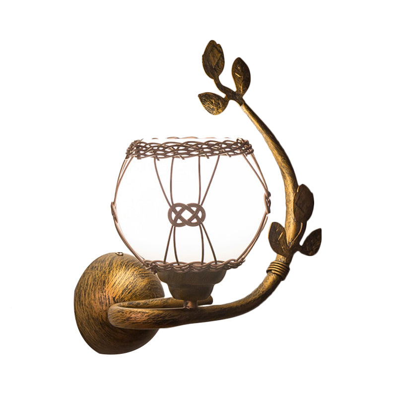 Vivolux | Opal Glas Roest Wandlamp Bubble Shade 1-Licht Vintage Muurmontage Verlichting voor Eetkamer met IJzeren Bladeren Deco