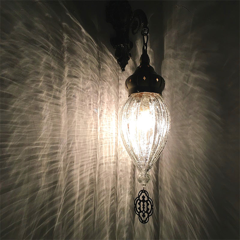 Vivolux | Traditionele Druppel Wandlamp Zwart/Wit/Lichtblauw Glas 1 Kop Wandgemonteerde Lamp met Gegraveerde Metalen Arm