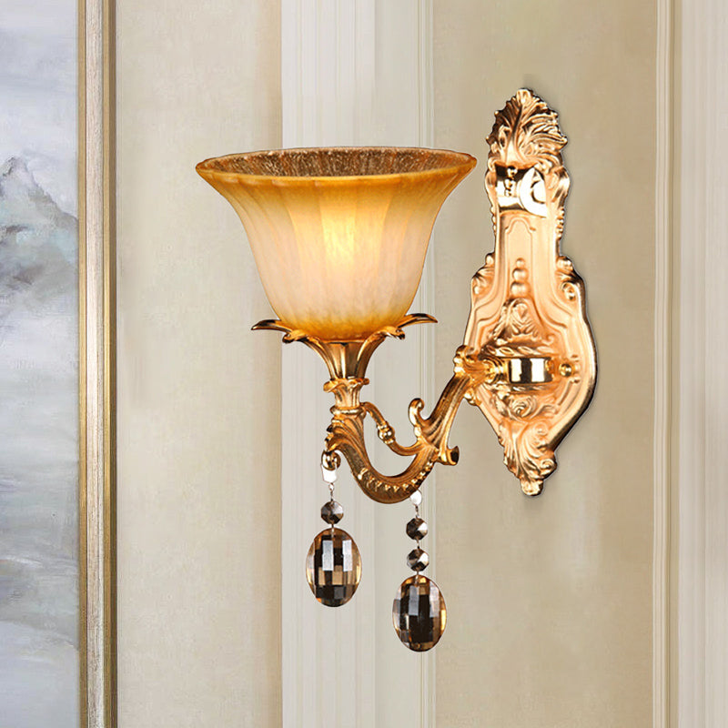 Vivolux | 1 Kopf Amber Glas Wandleuchte Traditionelle Messingblume Schlafzimmer Wandmontierte Leuchte