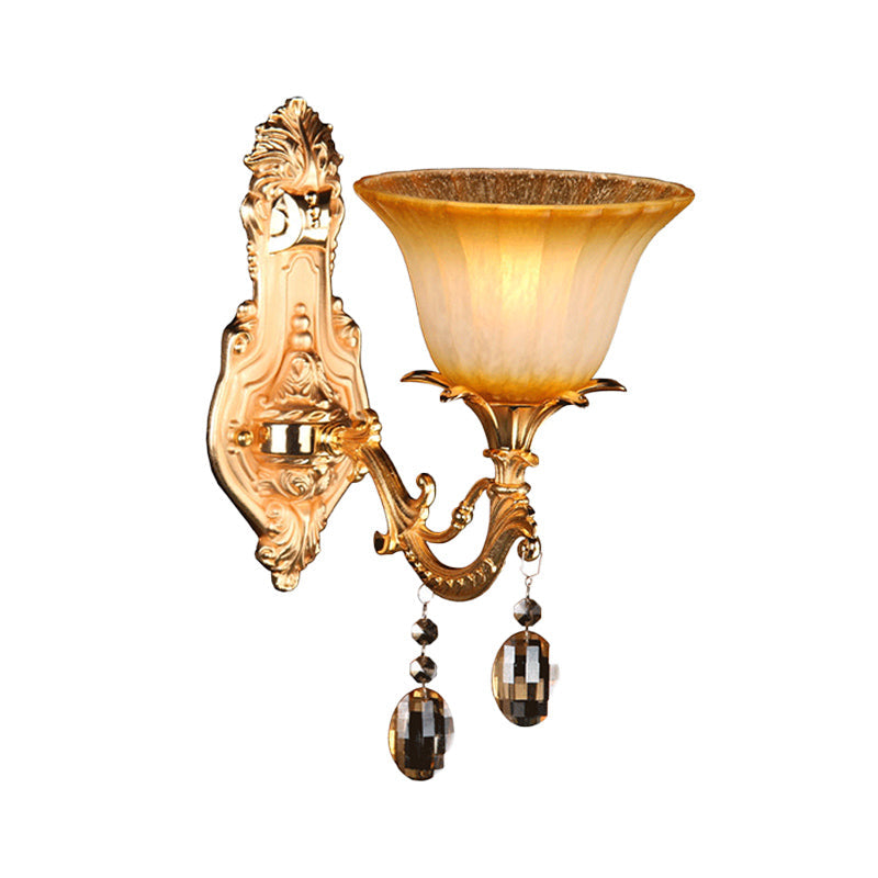 Vivolux | 1 Kopf Amber Glas Wandleuchte Traditionelle Messingblume Schlafzimmer Wandmontierte Leuchte