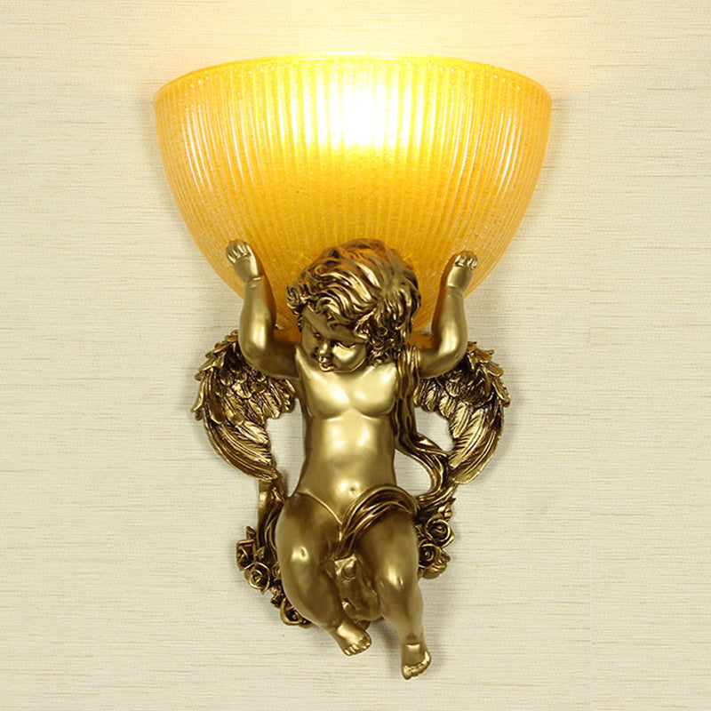 Vivolux | Angel Wandleuchte Colony Metall 1 Kopf Weiß/Gold Wandlampenarmatur mit Kuppel Amber Glas Schirm, Links/Rechts
