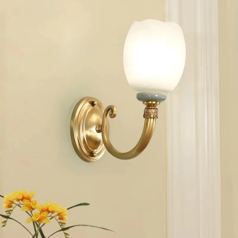 Vivolux | Opaline Glas Bloem Muur Lamp Vintage Stijl 1/2-Licht Woonkamer Wandlicht Armatuur in Messing