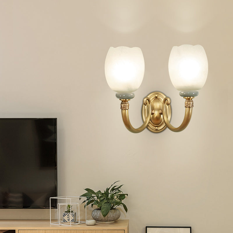 Vivolux | Opaline Glas Bloem Muur Lamp Vintage Stijl 1/2-Licht Woonkamer Wandlicht Armatuur in Messing