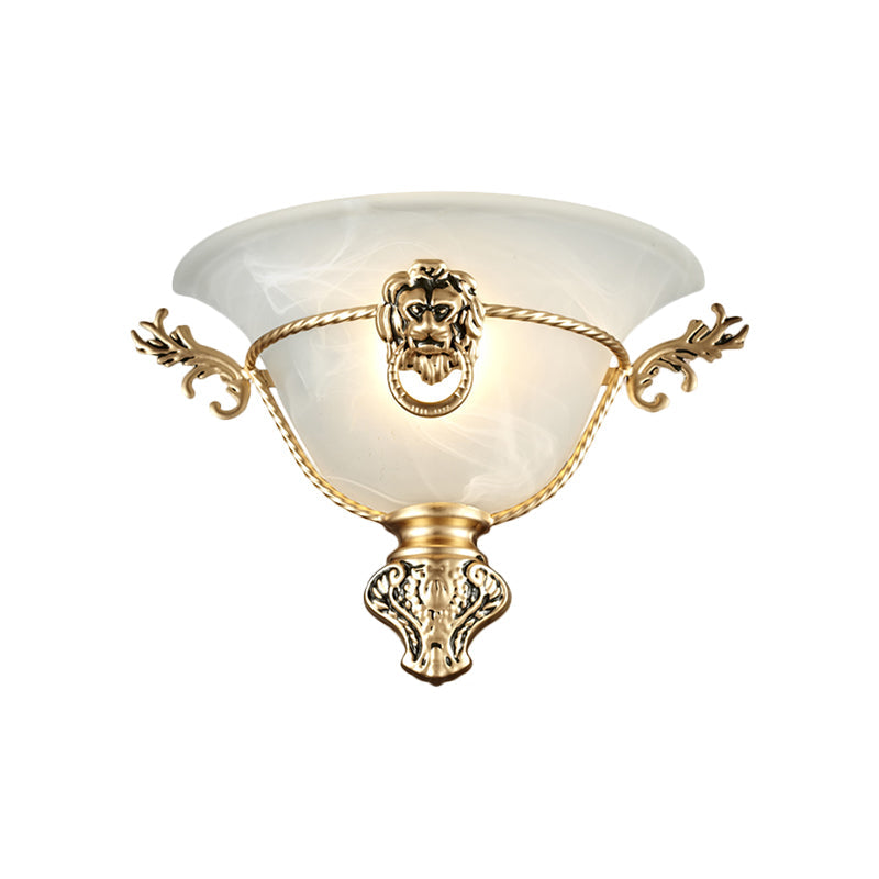 Vivolux | 1 Glühbirne Trompeten Wandlampe Kolonial Opalglas Wandleuchte mit Kupfer/Messing Löwenmetall Dekor für Nachttisch