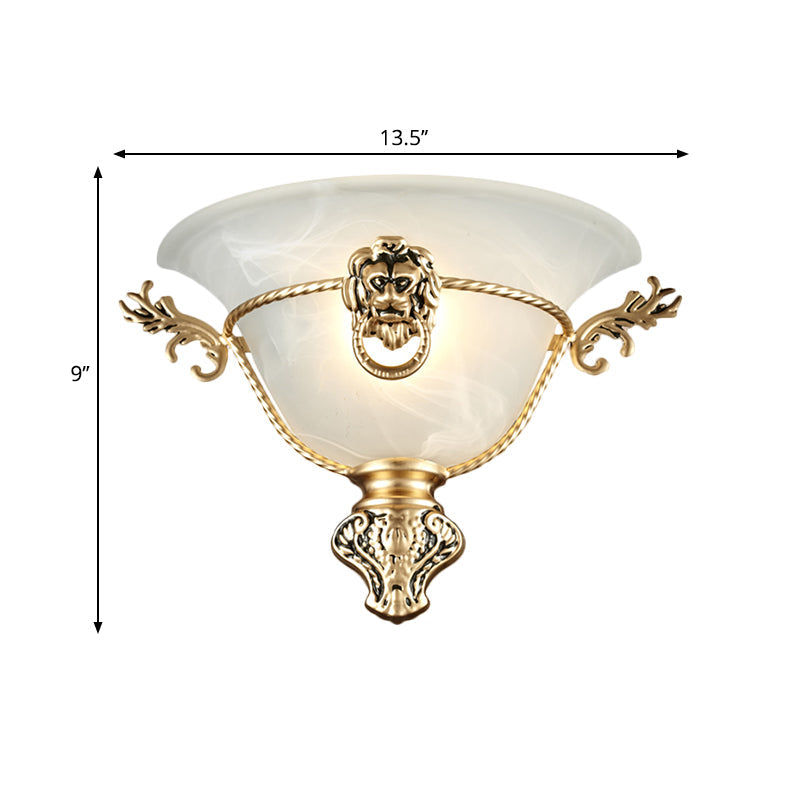 Vivolux | 1 Glühbirne Trompeten Wandlampe Kolonial Opalglas Wandleuchte mit Kupfer/Messing Löwenmetall Dekor für Nachttisch