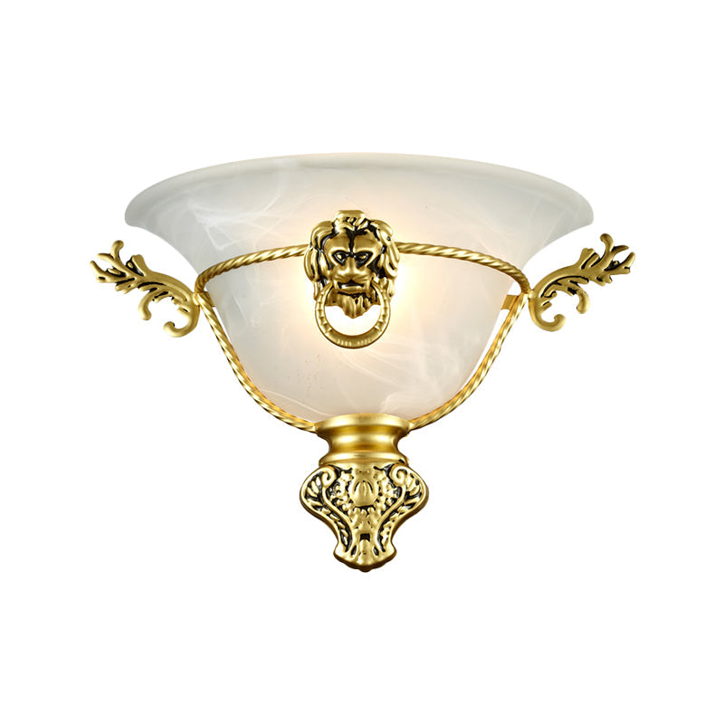 Vivolux | 1 Glühbirne Trompeten Wandlampe Kolonial Opalglas Wandleuchte mit Kupfer/Messing Löwenmetall Dekor für Nachttisch