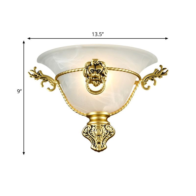 Vivolux | 1 Glühbirne Trompeten Wandlampe Kolonial Opalglas Wandleuchte mit Kupfer/Messing Löwenmetall Dekor für Nachttisch
