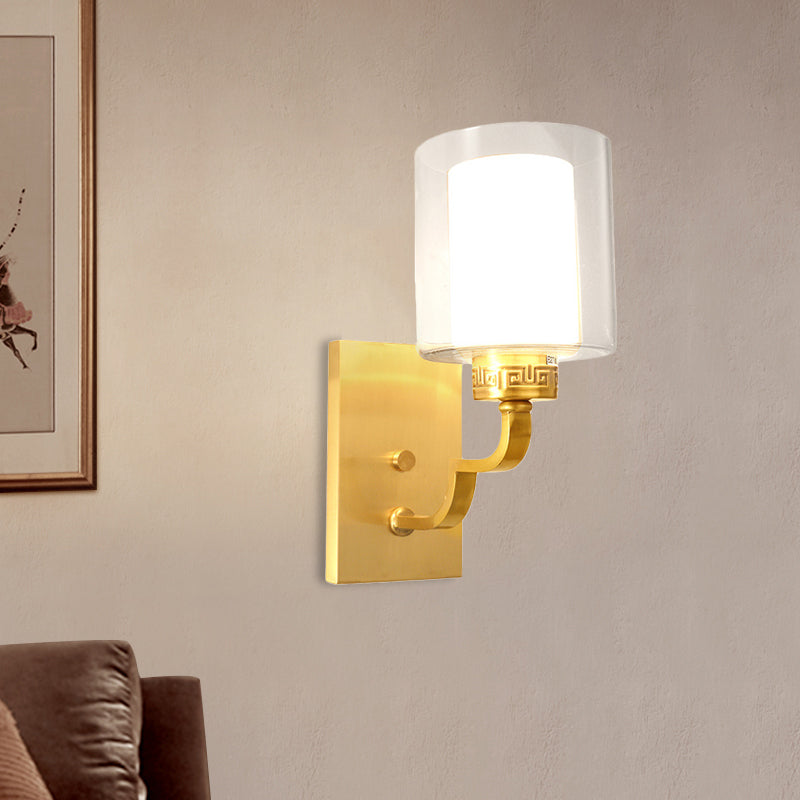 Vivolux | 1 Kopf Wandbeleuchtung mit Zylinder-Schirm klarem und weißem Glas moderner Stil Schlafzimmer Wandwandleuchte in Messing