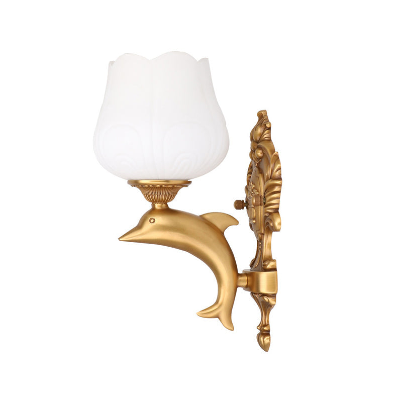 Vivolux | 1 Glühbirne Blüten Wandbeleuchtung Vintage Stil Weißes Glas Wandlicht mit goldenem Delfin Dekor