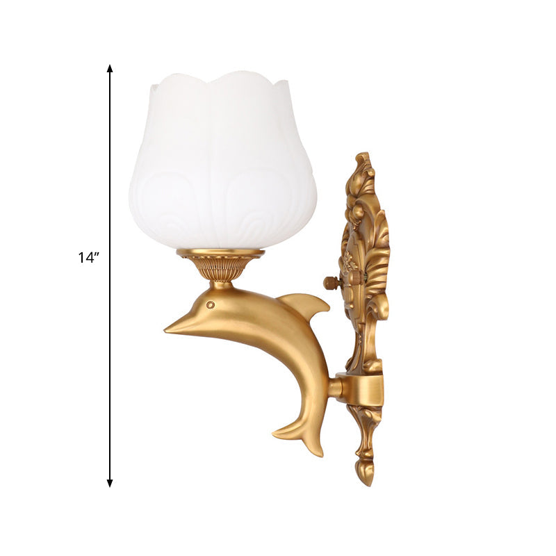 Vivolux | 1 Glühbirne Blüten Wandbeleuchtung Vintage Stil Weißes Glas Wandlicht mit goldenem Delfin Dekor