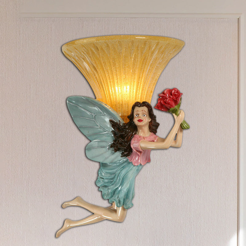 Vivolux | Retro Stijl Fee Wandverlichting 1 Hoofd Hars Blauw/Goud Wandlamp met Amber Glas Bel Shade
