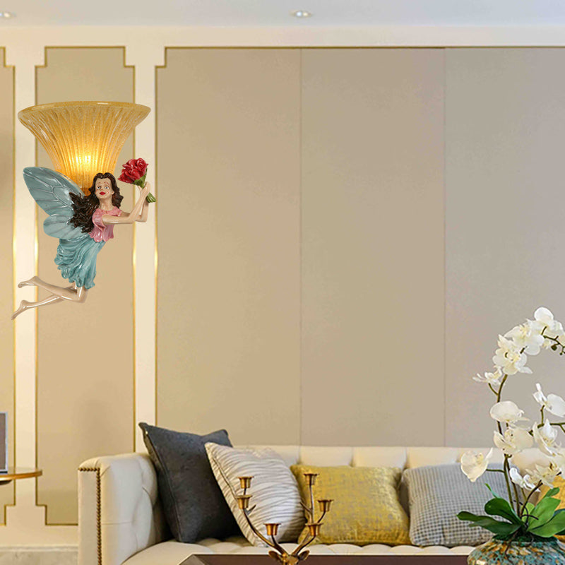 Vivolux | Retro Stijl Fee Wandverlichting 1 Hoofd Hars Blauw/Goud Wandlamp met Amber Glas Bel Shade