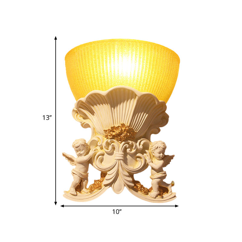 Vivolux | Resin Engel Wandleuchte Modern Stil 1 Licht Innen Beige/Gold/Weiß Finish Wandmontage Licht mit Gelbes Glas Schüssel Schatten