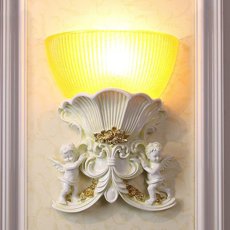 Vivolux | Resin Engel Wandleuchte Modern Stil 1 Licht Innen Beige/Gold/Weiß Finish Wandmontage Licht mit Gelbes Glas Schüssel Schatten