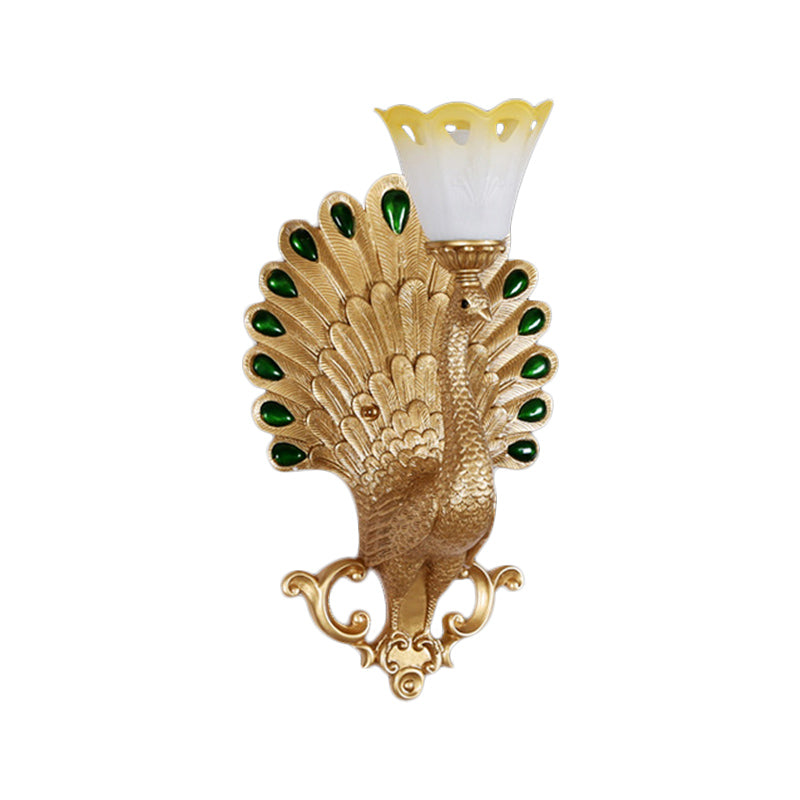 Vivolux | Traditionele Pauw Wandlamp Armatuur 1 Peertje Hars Wandlamp met Witte en Gele Glazen Bloemenschaduw